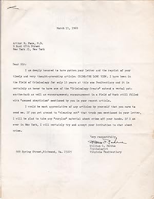 Imagen del vendedor de TYPED LETTER TO PSYCHIATRIST AND CRIMINOLOGIST ARTHUR N. FOXE SIGNED BY VIRGINIA PENITENTIARY PSYCHOLOGIST WILLIAM C. PERDUE. a la venta por Blue Mountain Books & Manuscripts, Ltd.