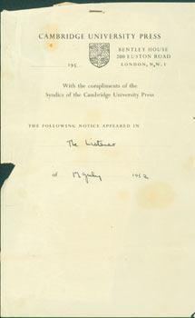 Seller image for With The Compliments of the Syndics of the Cambridge University Press, The Following Notice Appeared in The Listener, 17 July, 1952: W. B. Yeats, Self-Critic, by Thomas Parkinson. for sale by Wittenborn Art Books
