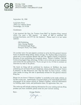 TLS George Beahm to Herb Yellin, September 30, 1988. RE: Stephen King.