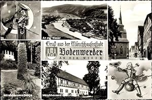 Bild des Verkufers fr Wappen Ansichtskarte / Postkarte Bodenwerder in Niedersachsen, Ort mit Umgebung, Mnchhausens Geburtshaus und Grotte zum Verkauf von akpool GmbH