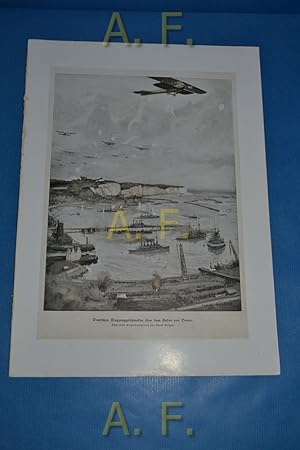 Bild des Verkufers fr Deutsches Flugzeuggeschwader ber dem Hafen von Dover. Nach einer Originalzeichnung von Claus Bergen. // Druck aus: Illustrierte Geschichte des Weltkrieges. zum Verkauf von Antiquarische Fundgrube e.U.