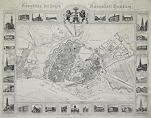 Stadtplan, umgeben v. 29 kleinen Randansichten, "Grundriss der freyen Hansastadt Hamburg".