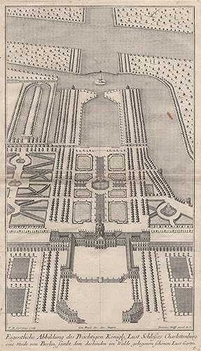 Bild des Verkufers fr Schloansicht mit den Parkanlagen aus der Vogelschau, "Eigentliche abbildung des Prchtigen Knigl. Lust Schlosses Charlottenburg eine Meile von Berlin, sambt dem darhinden im Walde gelegenen schnen Lust Garten". zum Verkauf von Antiquariat Clemens Paulusch GmbH