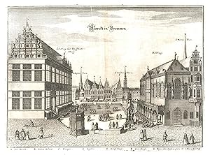 Teilansicht, Marktplatz m. dem Rathaus, darunter Erklärungen v. A - H, "Marckt in Bremen".