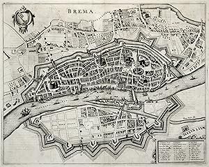 GA aus der Vogelschau, oben links Wappen, rechts unten Erklärungen, "Brema".