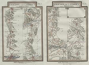 Bild des Verkufers fr Kupferstich- Karte, in 2 Blatt aus Riedls Reiseatlas, "Chaussee von Landshut nach Berngries". zum Verkauf von Antiquariat Clemens Paulusch GmbH