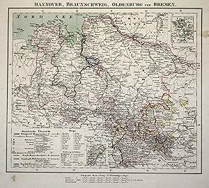 Lithografie- Karte m. farb. Tonplatte, b. C. Flemming in Glogau, "Hannover, Braunschweig, Oldenbu...