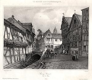 Bild des Verkufers fr Teilansicht, Hochstrae m. den schnen Fachwerkhusern v. Markt her gesehen, links Bachlauf m. Brcke. "Bourg Reinse sur le Rhin". zum Verkauf von Antiquariat Clemens Paulusch GmbH