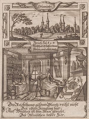 Imagen del vendedor de Gesamtansicht,darunter Wappen und Allegorie mit vierzeiligem Sinnspruch. a la venta por Antiquariat Clemens Paulusch GmbH