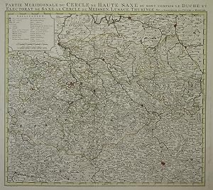 Bild des Verkufers fr Kupferstich- Karte, v. L. Schenk / J. Soon b. Covens & Mortier, "Partie Meridionale du Cerle de Haute Saxe ou sont compris de Duch et Electorat de Saxe, Le Cercle de Meissen, Lusace, Thuringe, & cc". zum Verkauf von Antiquariat Clemens Paulusch GmbH