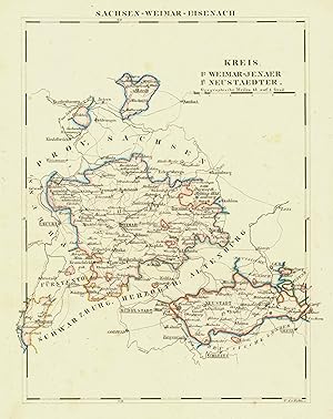Lithografie- Karte, aus Schliebens Atlas von Europa, "Kreis 1a Weimar - Jenaer 1b Neustaedter".