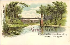Litho Hamburg Mitte, Gartenbauausstellung 1897, Brücke, Seerose, Schilf, EAS