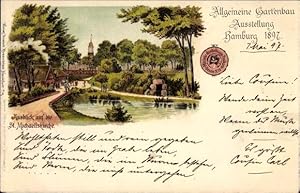 Litho Hamburg Mitte, Gartenbauausstellung 1897, Ausblick auf die St. Michaeliskirche