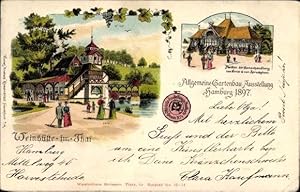 Litho Hamburg Mitte, Gartenbauausstellung 1897, Weinhütte im Tal