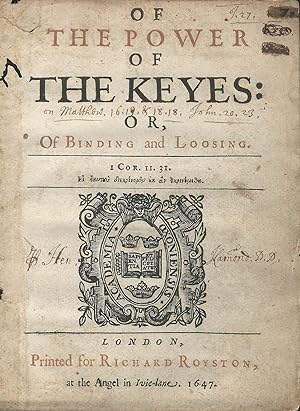 Bild des Verkufers fr Of the Power of the Keyes: or, Of Binding and Loosing zum Verkauf von J. Patrick McGahern Books Inc. (ABAC)