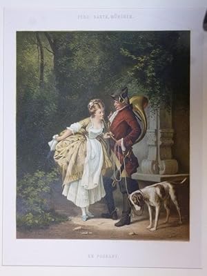 Orig. kolorierte Lithographie - En Passant ( Liebe ins Horn blasen ) Ferd. Barth, München.