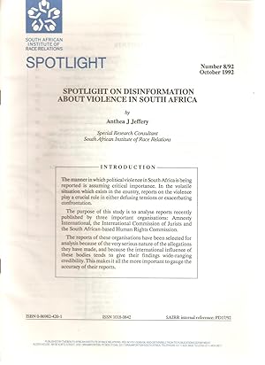 Seller image for Spotlight no. 8/92 October 1992 - Spotlight on disinformation about violence in South Africa for sale by Snookerybooks