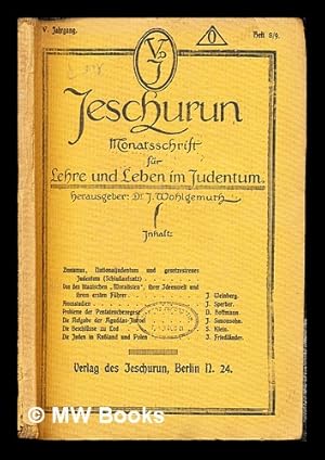 Image du vendeur pour Jeschurun : Monatsschrift fr Lehre und Leben im Judentum: IX Jahrgang: Heft 8/9 mis en vente par MW Books Ltd.