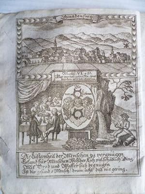 Gnadenfrei. Stadtansicht, darunter Wappen der von Liebenau und allegorische Darstellung.
