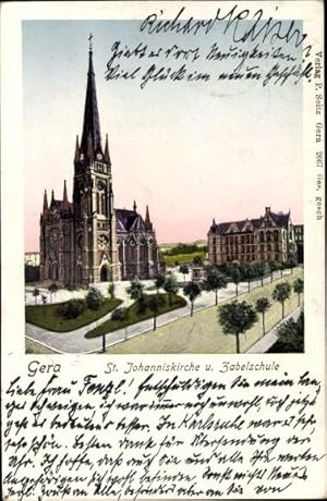 Leuchtfenster Ansichtskarte / Postkarte Gera in Thüringen, St. Johanniskirche und Zabelschule