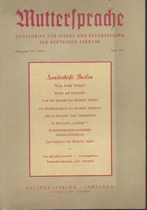 Imagen del vendedor de Muttersprache. Zeitschrift zur Pflege und Erforschung der deutschen Sprache. Jahrgang 1957, Heft 6, Juni 1957. a la venta por Antiquariat Carl Wegner