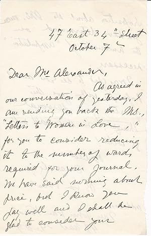 Seller image for AUTOGRAPH LETTER TO A MAGAZINE EDITOR ABOUT HER NONFICTION WORK "LETTERS TO WOMEN IN LOVE" SIGNED BY AMERICAN WRITER BESSIE VAN VORST. for sale by Blue Mountain Books & Manuscripts, Ltd.