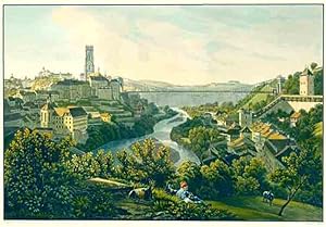 Image du vendeur pour Vue de la Ville de Fribourg et de son Pont en Fil de Fer. Longueur 265.5 mtres, ou 818 pieds de France, hauteur 51 mtres, ou 157 pieds de France. mis en vente par Harteveld Rare Books Ltd.