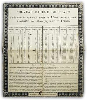 Image du vendeur pour Nouveau Barme du franc?, tableau indiquant la valeur des francs franais en livres tournois, avec en-dessous un extrait de la loi du 17 Floral de l?an 7 de la Rvolution Franaise (6.5.1798), concernant l?introduction du franc pour le 1er Vendmiaire de l?an 8 (23.9.1799). Au verso un tableau similaire avec le titre ?Rapport progressif? pour la valeur des anciennes livres en francs.2 feuilles imprimes seulement d?un ct et colles ensemble, dcores avec une bordure, qui porte l?inscription: ?De l?imprimerie de FARGE, rue des Mathurins, no 393,  Paris?. mis en vente par Harteveld Rare Books Ltd.