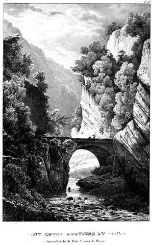 Bild des Verkufers fr Vue du Pont entre Moutiers et Court. (Ancien Evch de Bale.) Canton de Berne en Suisse. zum Verkauf von Harteveld Rare Books Ltd.