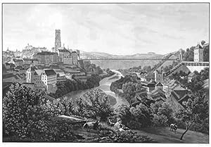 Bild des Verkufers fr Fribourg. - Vue de Fribourg et de son Pont en Fil de Fer. Longueur 265.5 mtres, ou 818 pieds de France, hauteur 51 mtres, ou 157 pieds de France. zum Verkauf von Harteveld Rare Books Ltd.