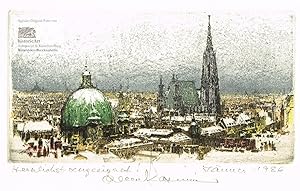 Schöner Blick über die verschneiten Dächer von Wien auf Stephansdom und Peterskirche. Kolorierte ...