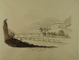 Bild des Verkufers fr Kloster St. Carl bey der Volderer Brcke genannt. Tuschpinselzeichnung mit handschr. Titel aus einem Skizzenbuch des Donath Schaller aus Hof, um 1825, 17 x 21 (Blattgr.) zum Verkauf von Antiquariat Johannes Mller