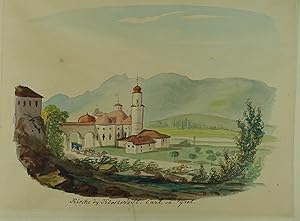 Bild des Verkufers fr Kirche by Kloster`s St. Carl in Tyrol. Aquarell mit handschr. Titel aus einem Skizzenbuch des Donath Schaller aus Hof, um 1825, 17 x 21 (Blattgr.) zum Verkauf von Antiquariat Johannes Mller