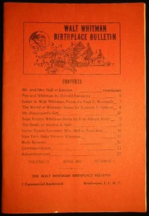 Bild des Verkufers fr Walt Whitman Birthplace Bulletin April 1959 Volume II Number 3 zum Verkauf von Certain Books, ABAA