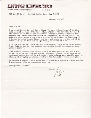Seller image for TYPED LETTER TO EDUCATOR HAROLD RUGG SIGNED BY RUSSIAN AMERICAN PAINTER AND MURALIST ANTON REFREGIER. for sale by Blue Mountain Books & Manuscripts, Ltd.