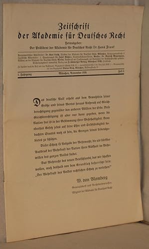 Bild des Verkufers fr Zeitschrift der Akademie fr Deutsches Recht. 1. Jahrgang, Heft 5. November 1935. zum Verkauf von Antiquariat Reinsch