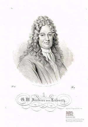 G.W. Freiherr von Leibnitz [sic!]. Brustbild mit Allongeperücke und Schal en face. Kreidelithogra...