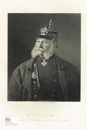 Seller image for William, I. King of Prussia & Emperor of Germany. Brustbild mit Orden und Pickelhaube en face. Stahlstich von Holl um 1880 for sale by historicArt Antiquariat & Kunsthandlung