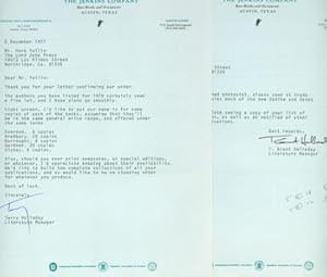 Seller image for TLS (2) Terry Halladay to Herb Yellin, November 30 & December 8, 1977. RE: Orders for Updike, Everson, Bradbury, Burroughs, Gardner & Dickey. for sale by Wittenborn Art Books