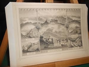 Wäggis und der Rigi Schweiz. Original- Stahlstich um 1850. 6 Ansichten auf einem Blatt: Wäggis, R...