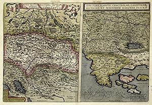 Kupferstich- Karte, 2 Karten auf einem Blatt, n. Lazius bei Ortelius, "Rhetiae alpestris descript...