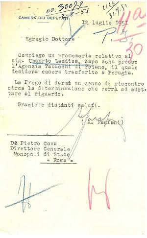 Carta intestata "Camera dei Daputati", datata 12 luglio 1951