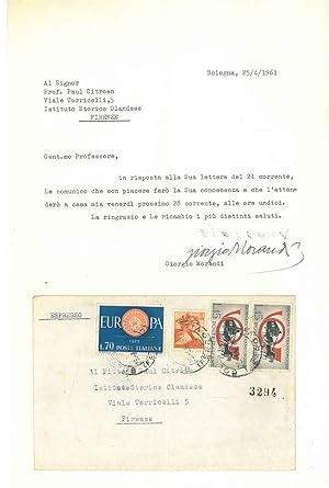 Foglio datato: Bologna, 25/4/1961, e busta viaggiata indirizzata a Paul Citroen
