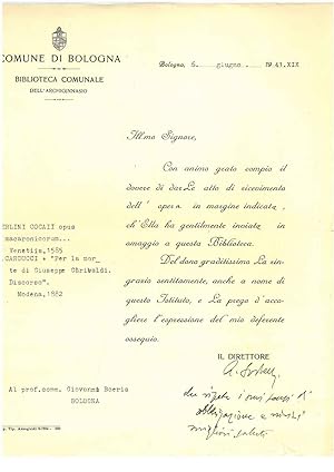 Carta intestata: "Comune di Bologna, Biblioteca comunale dell'Archiginnasio" datata, "Bologna, 6 ...