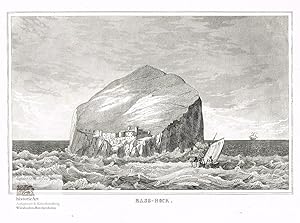 Bass-Rock. Kleine Ansicht der Felseninsel vor der schottischen Küste mit Burg. Kupferstich um 1820