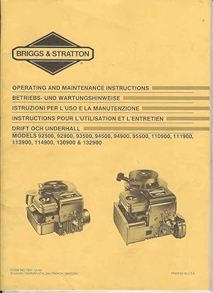Briggs & Stratton Operating and Maintenance Instructions Models 92500, 92900, 93500, 94500, 95599...