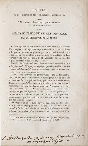 Image du vendeur pour Lettre sur la dcouverte des hieroglyphes acrologiques adresse  M le chev. de Goulianoff, par M. Klaproth. Analyse critique de cet ouvrage. mis en vente par CLAVREUIL