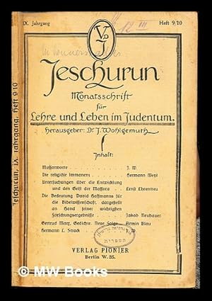 Image du vendeur pour Jeschurun : Monatsschrift fr Lehre und Leben im Judentum: IX Jahrgang: Heft 9/10 mis en vente par MW Books