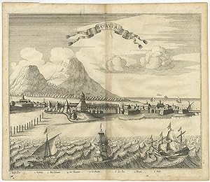 Antique Print with a view of Batavia from the Sea (c.1750)