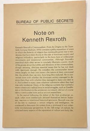 Immagine del venditore per Note on Kenneth Rexroth venduto da Bolerium Books Inc.